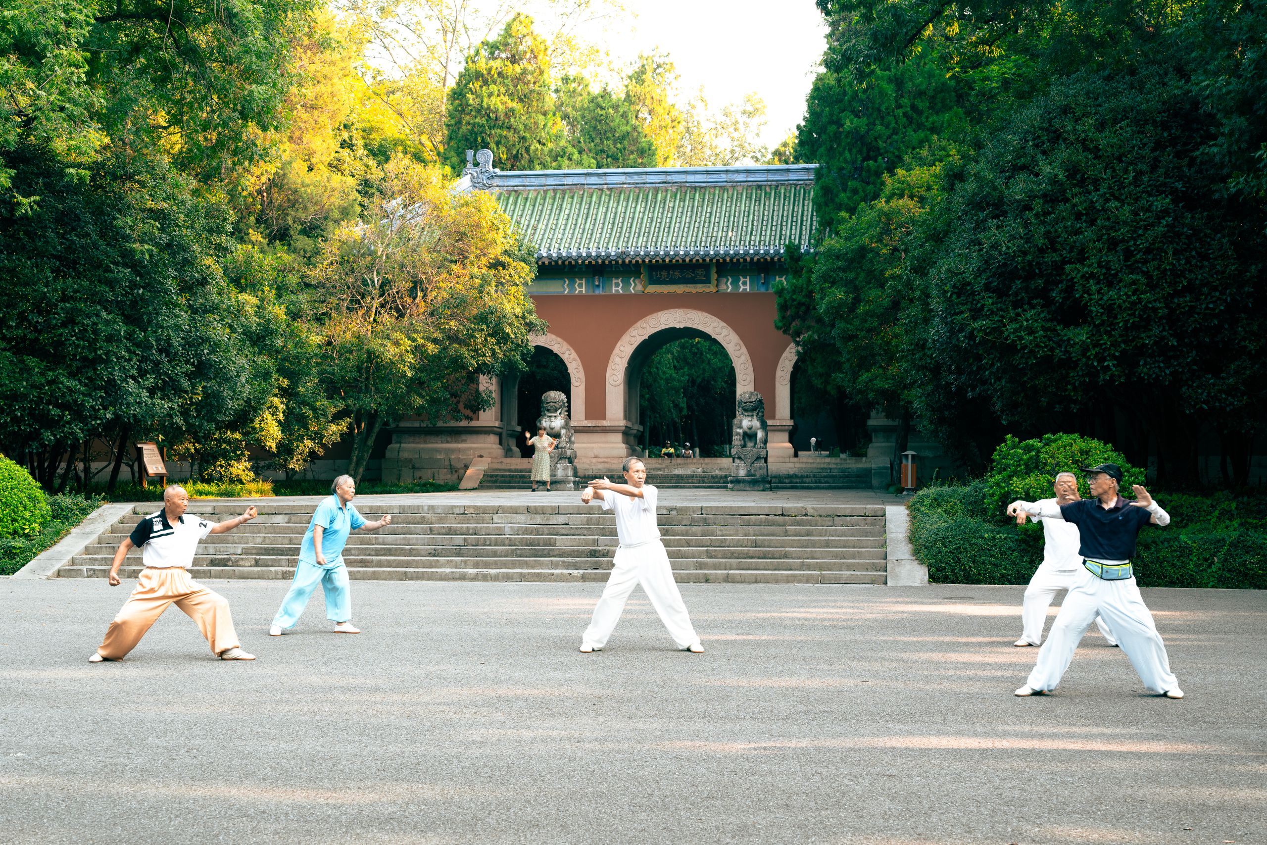 A group practicing Tai Chi near Linggu Temple in Nanjing, China, surrounded by lush green trees.
